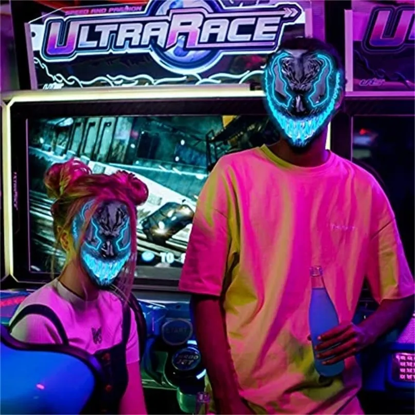 Máscaras de fiesta Halloween Colplay Light Up LED Masquerade Neon e Glow In The Dark Horror Cosplay Disfraz 220901