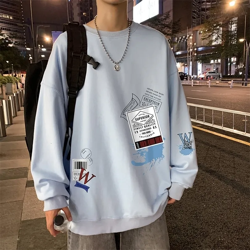 Mens Hoodies Sweatshirts Harajuku Printing Sweatshirts Men Japan Style Loose Fit Sweatshirts Hip Hop Overdimensionerad långärmad besättning Sweatshirt No Hood 220902