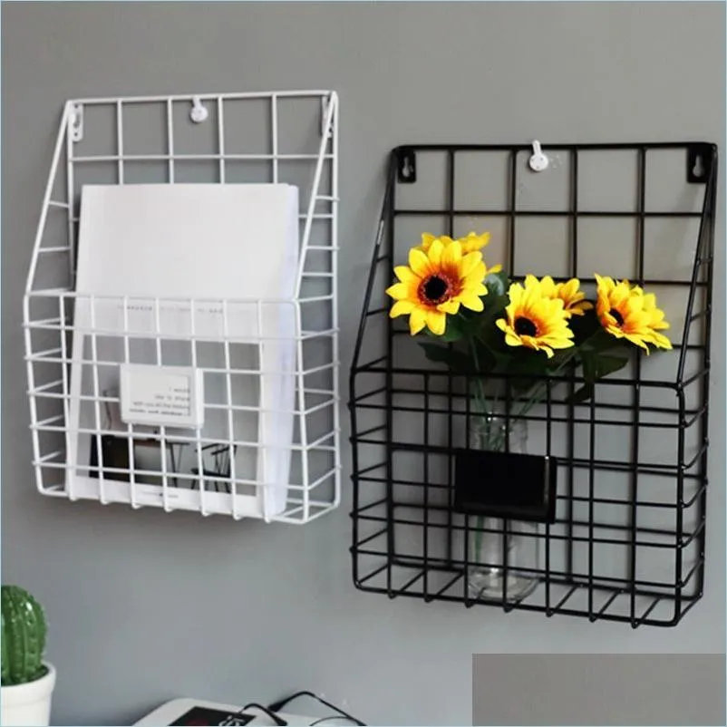 Hooks Rails Hooks Rails Metal Decorative Storage Basket Wall-Mounted Grid Hanging Rack Spaper Magazine File Iron Office Home Decor Dhchk