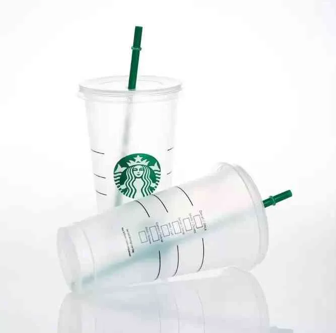 스타 벅스 인어 여신 24oz/710ml 플라스틱 텀블러 재사용 가능한 맑은 마시는 평평한 바닥 컵 기둥 모양 뚜껑 밀짚 머그