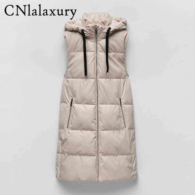 Women's Down Parkas 2022Winter Fashion Hooded Vests Women Elegant Side Pockets Coats Female Faux Leather White Straight Long Vest Ladies Parkas T220902