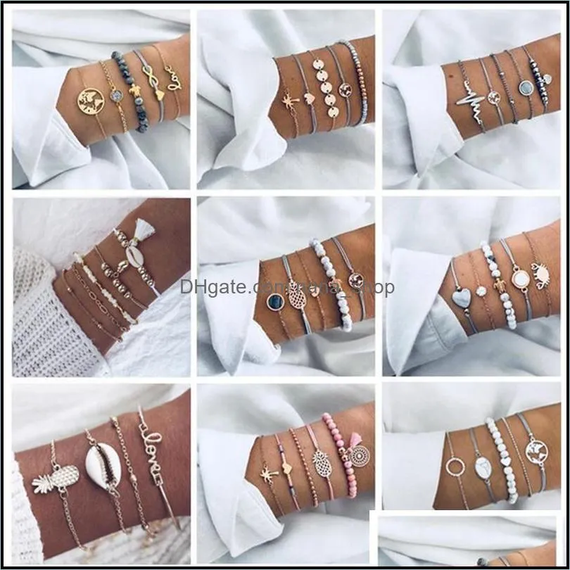 Charm Armbänder 5 stücke Geometrische Hohl Elektrische Karte Conch Kombination Layered Armband Set Perlen Mtiple Stapelbar Jewelr Dhseller2010 Dhc2A