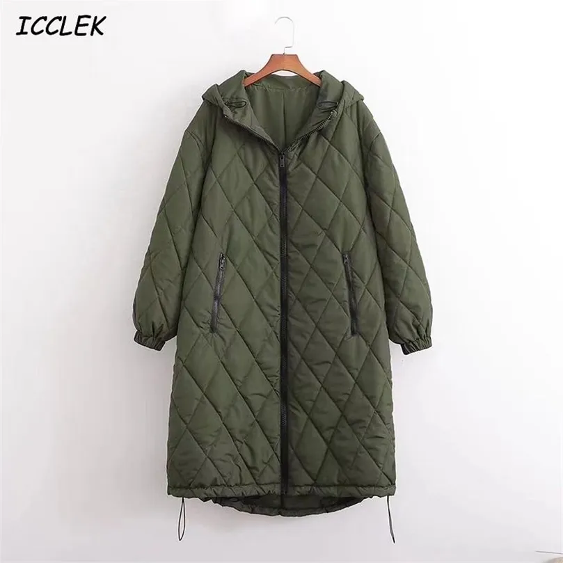 Womens Down Parkas Icclek Womens Winter Jacket Oversize Parkas Hoodies Jackets Vintage Coats Plaid Overcoat Female Solid Pockets Long Sleeves Coat 220902