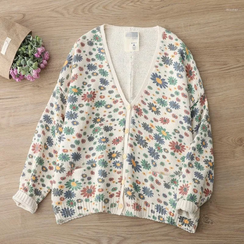 Maglieria da donna T-shirt da donna Lamtrip Kawaii Girasoli colorati Stampa margherita Dolce cardigan con scollo a V maglione lavorato a maglia 2022 Autunno Inverno