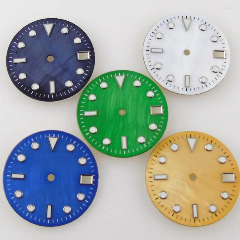 Uhrenreparatursätze, 28,5 mm Gehäusematerial, Zifferblatt, Uhrengesicht für NH35/NH35A Automatikwerk, Datumsfenster, grünes Lume-Gold/Blau/Grün/Weiß