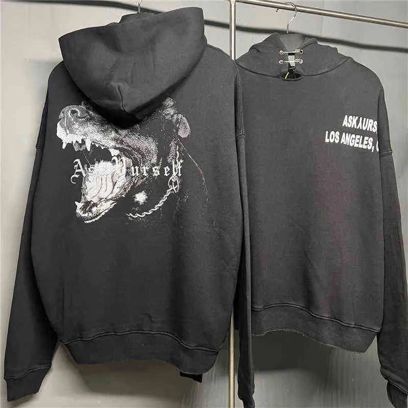 Herrtröjor tröjor stora hundtryck askyurself hoodie män kvinnor tungt tyg vintage hål damange burr stift halsringning huvtröja svart t220901