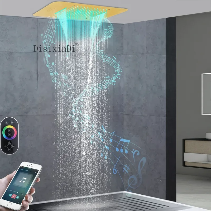 64 colors LED Shower Head With Music Speaker Rain and Waterfall Shower 58X35cm Gold Ceiling Embedded Showerhead