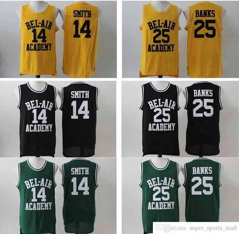 O basquete universitário veste costume o novo príncipe do Bel-Air Academy Basketball Jerseys College #14 Will Smith Jersey Mens Black Green Amarelo Bel-Air 25 Carlton Banks