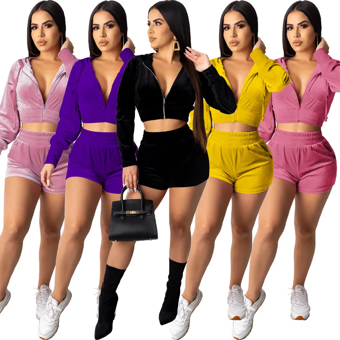 Fashion Korean Velvet Tracksuits For Women Solid Color Cardigan Zipper Hooded Crop Tops And Shorts Outfits Two Piece Sets DP8019
