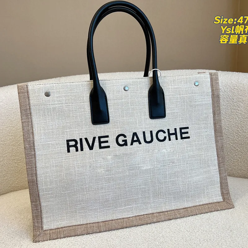 RIVE GAUCHE Canvas Tote Bag With Weave Leather Antique Brass Handles