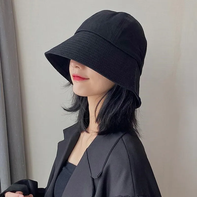 Ball Caps Summer Spring Black Female Bucket Hat Casual Cotton Solid Color Panama Cap Outdoor Beach Visor Sun Hats Lady Girl Fisherman