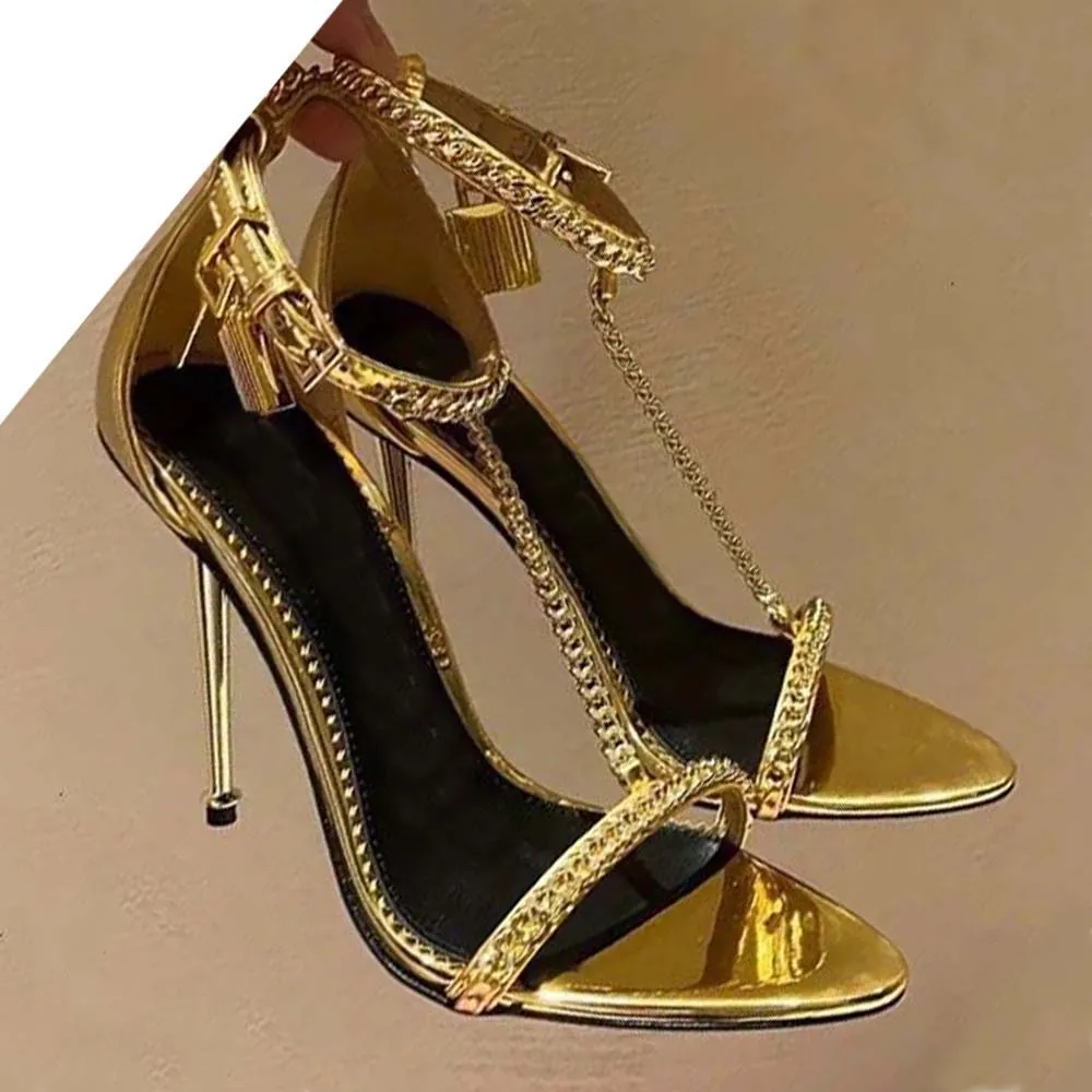 Women pointy open toe sandal brand high heels gold padlock Tom-f-sandal nappe leather naked heeled sandals wedding party dress pumps with box