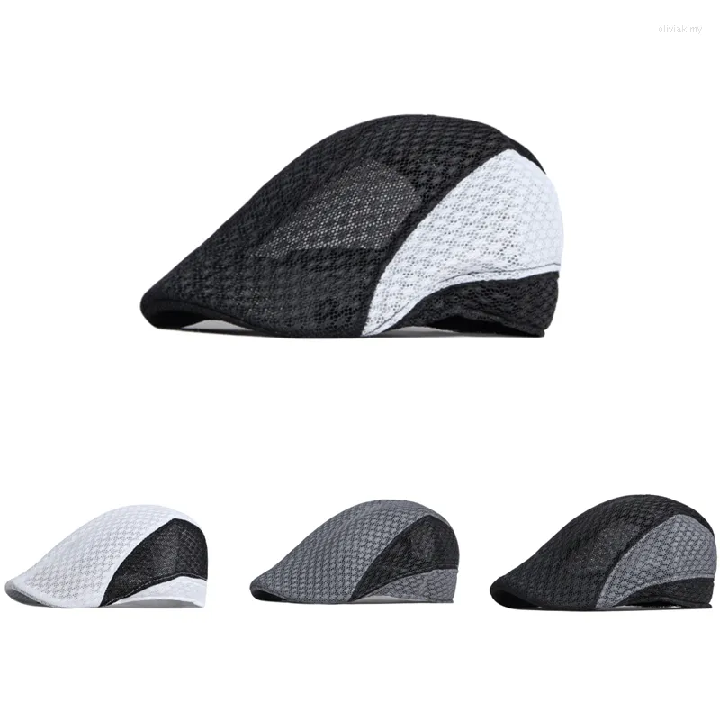 Berets Men's Summer Hollow Color-blocking Mesh Forward Hats British Retro Literature And Art Breathable Sunshade Beret Caps