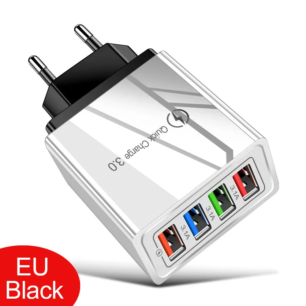 Snabbladdning EU US Wall Charger QC3.0 4 USB Ports Power Adapters för iPhone 14 13 Pro Samsung Tablet PC Android -telefon