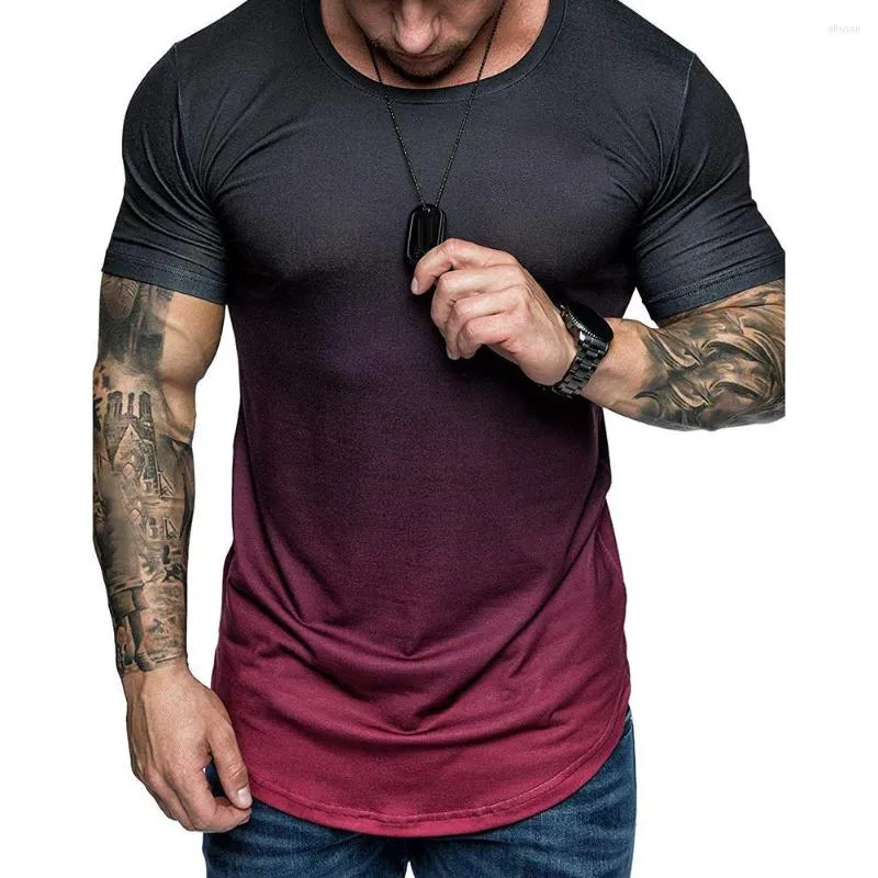 남성용 T 셔츠 여름 패션은 오래된 인쇄 남성 그라디언트 컬러 짧은 소매 둥근 목 티셔츠 슬림 한 최고 탑