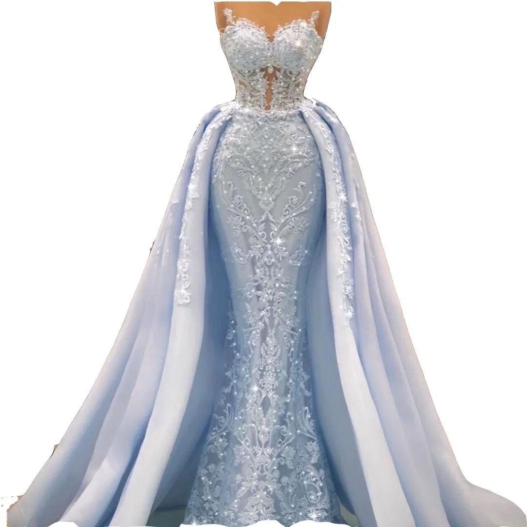 2024 Light Sky Blue Mermaid Prom -klänningar med löstagbar kjol överskjolar Sexig rygglös älskling illusion Fantastiska applikationer pärlor lång tillfälle kvällsklänningar