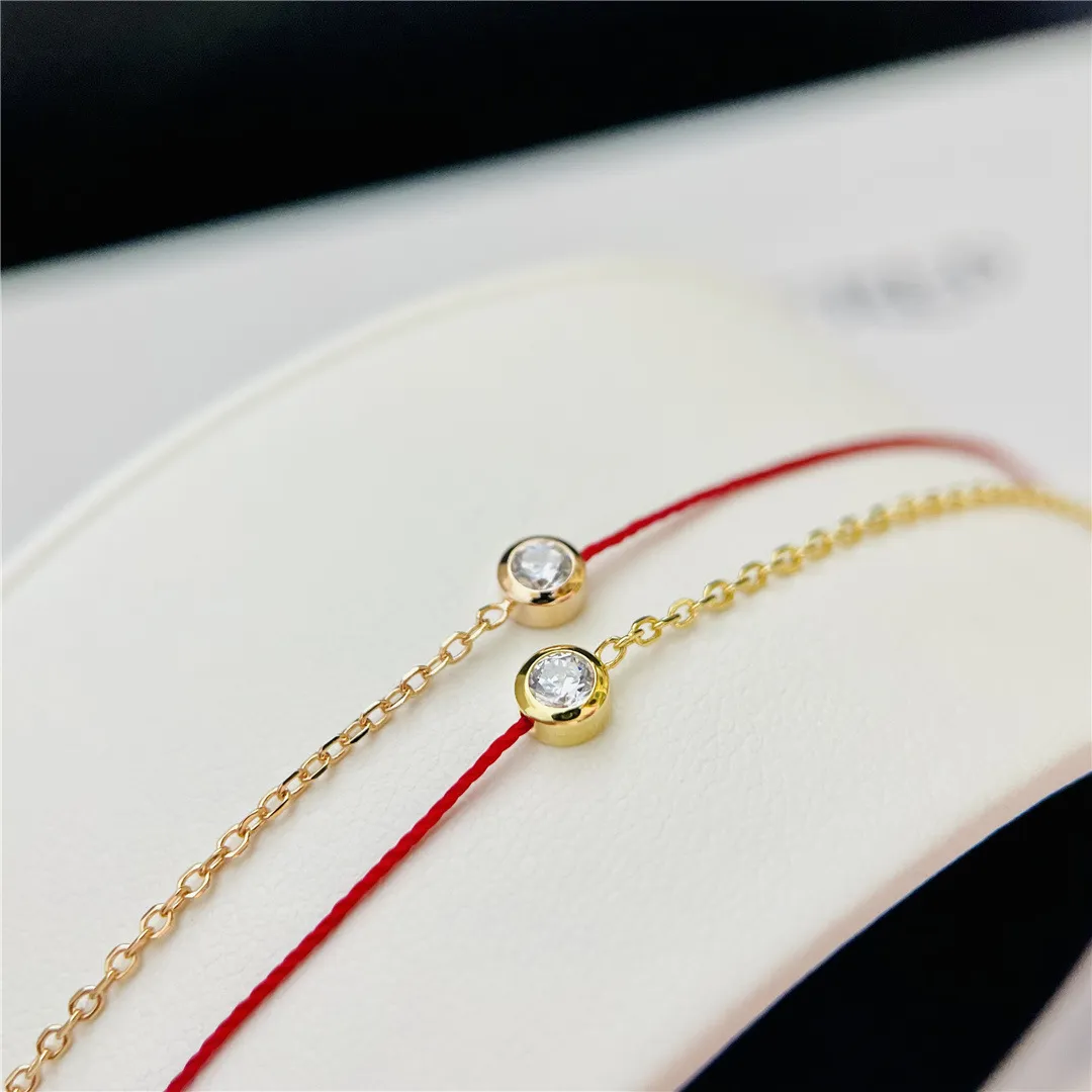 18K Gold Bathed Meiod Rode Chain Link Mini Red Leather Bracelet Single Diamond S925 Silver 10 pontos Diamante