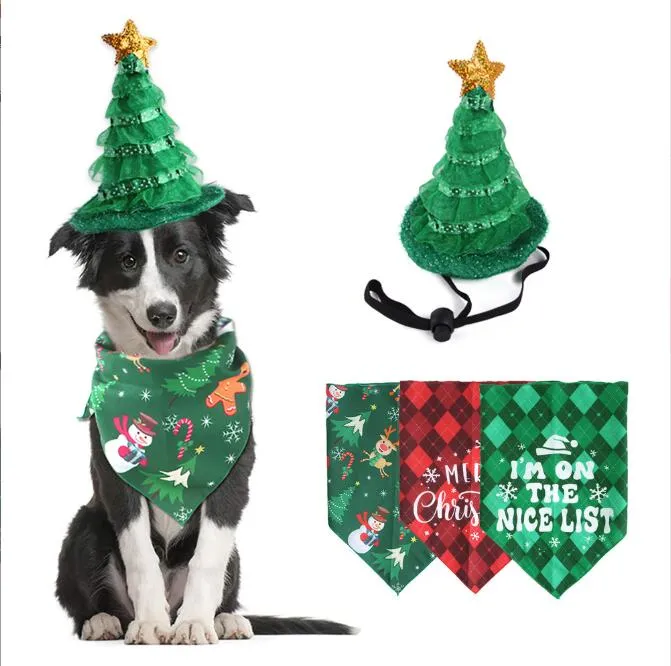 Hundkl￤der Cat Christmas Costumes Set Dogs Christmas Tree Hat and Scarf Bandana Xmas Hats Triangle Bib Clothes Party Cosplay Accessory