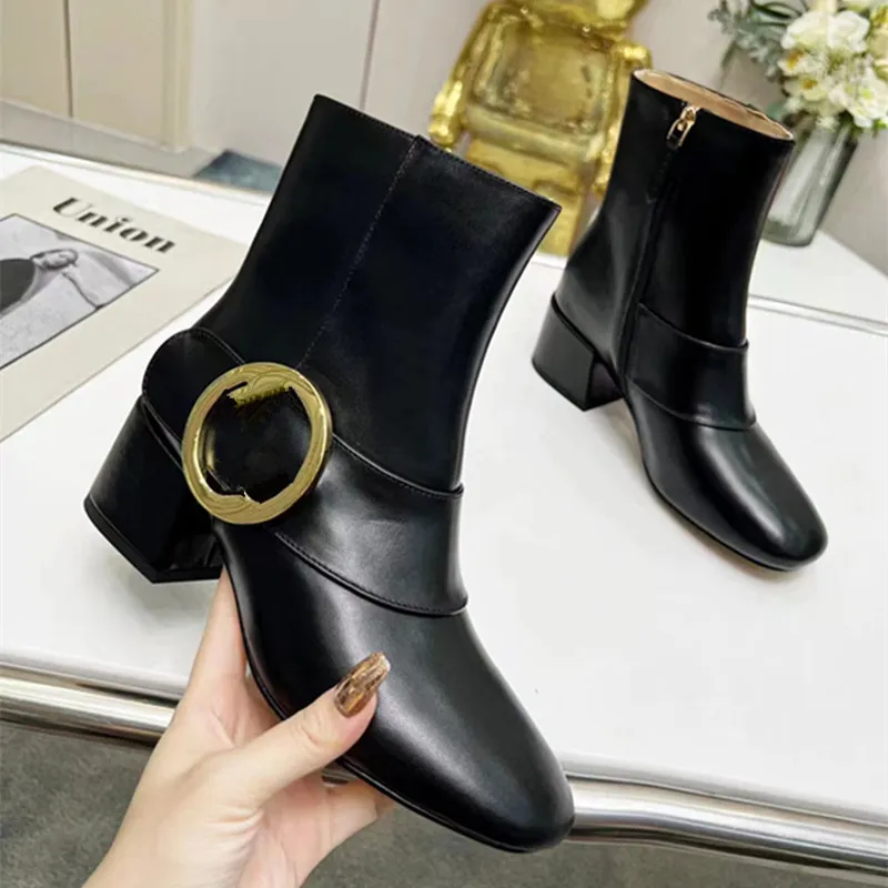 Designer genuine leather womens ankle boots embroidered laurel platform Martin boot thick heel metal buckle Fashion Star Road winter Boots 35-42