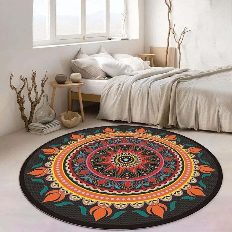 Tapis Style Ethnique Tapis Rond Salon Rétro Mandala Chambre Tapis Tables Basses Antidérapantes Coussin Chaise Panier Suspendu Tapis De Sol