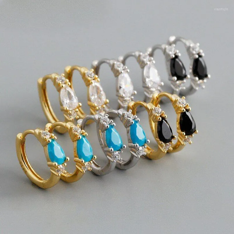 Hoop Earrings A00410 Bohemian Blue Black Geometric Zircon Stud For Women Genuine 925 Sterling Silver Charming Eye Catching