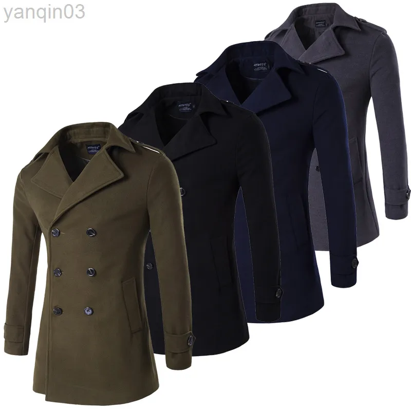 Men's Suits Blazers Army Green Grey Navy Black Male Pea Jacket Double Breasted Military Winter Trenchcoat Long Peacoat Plus Size 4XL L220902