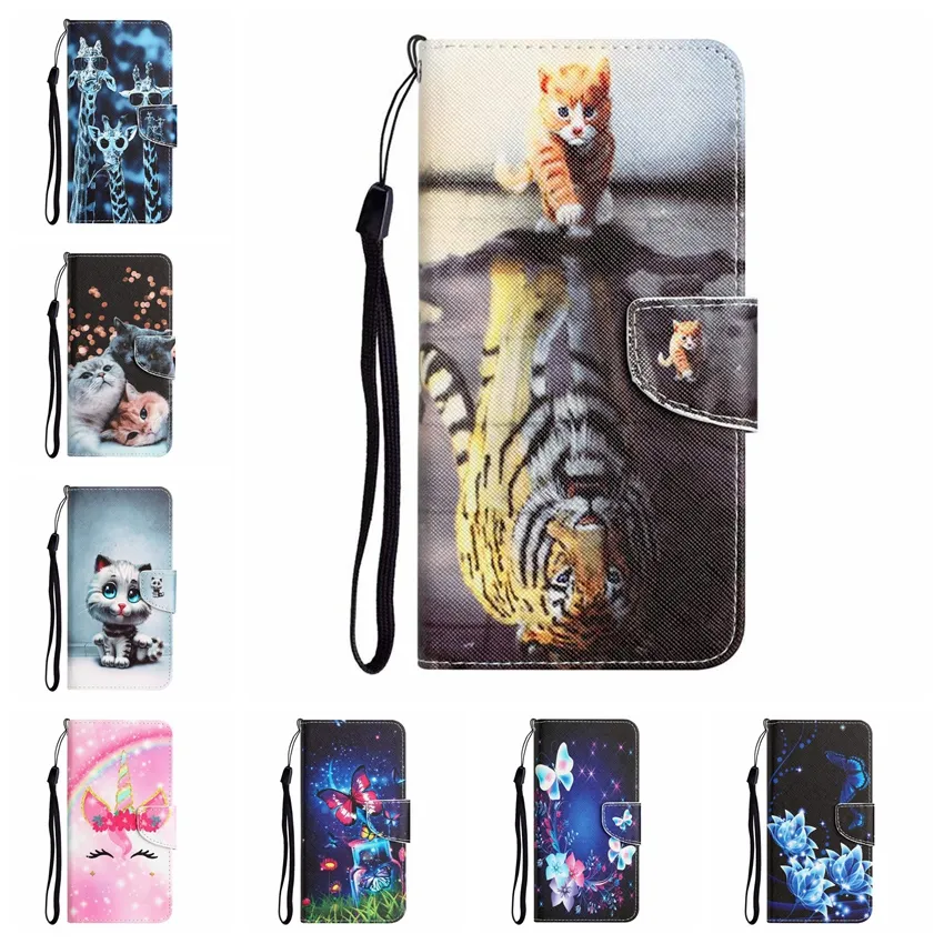 Moda Baskı Deri Cüzdan Kılıfları Samsung S22 Ultra Plus S21 S20 A53 A73 A33 5G A23 A13 A32 A22 Çiçek Kelebek Kedi Tiger Kart Yuvası Tutucu Tutucu Kapak Kapak Telefon Koşusu