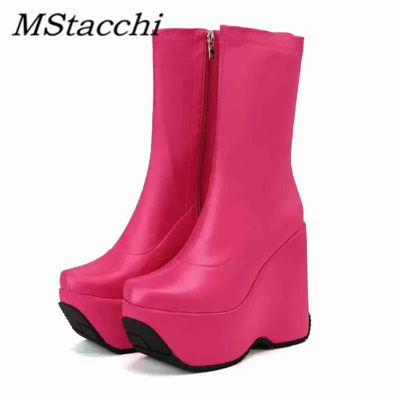 Boots MStacchi 2022 Autumn Women Platform Wedges voor Zipper Square Head Ankle Ladies Chunky Heels Short Botas Mujer 220901