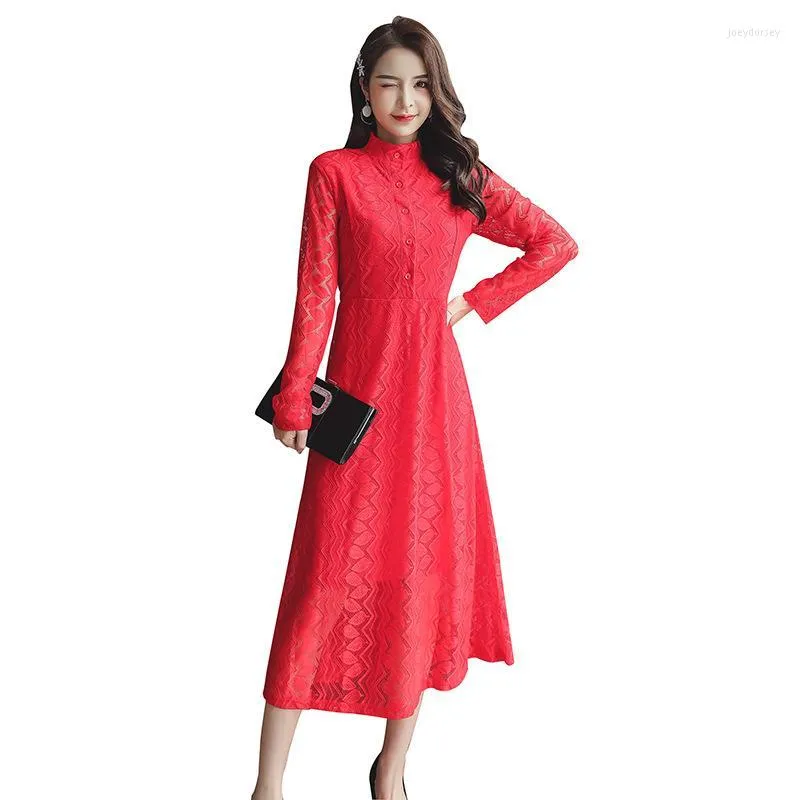 Sukienki swobodne 2022 Koronki wiosenne Kwia Kwiatowy szydełko pusty vestido Patchwork Slim Office Party Red Long Dress