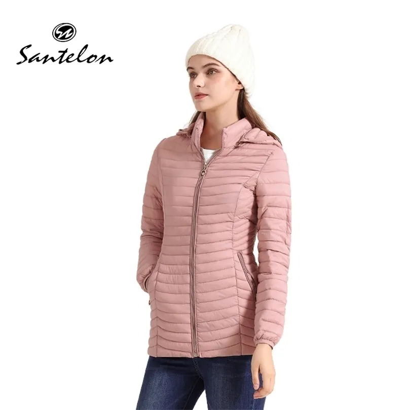 Womens Down Parka SANTELON Women Soild Mid-Length Long Warm Parka Cappotto con cappuccio Donna Inverno Ultralight Imbottito Cotone Slim Sport Outwear Abbigliamento 220902