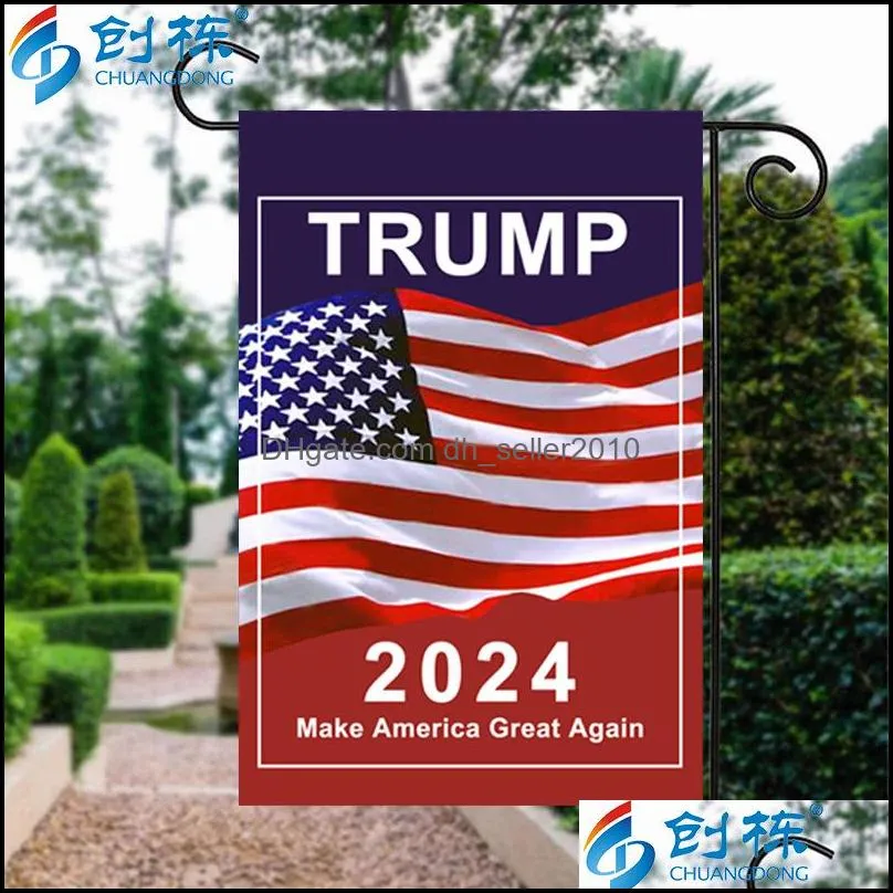 Drapeaux de bannière 2024 Drapeaux de bannière d'élection générale Campagne du président des États-Unis pour le drapeau de jardin Rendre l'Amérique à nouveau grande Bannières 30X45Cm Chiffre Dhjrx