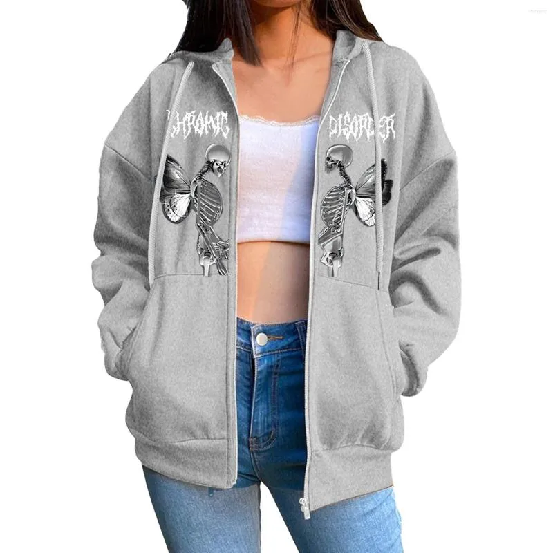 Felpe con cappuccio da donna Scheletro gotico Donna Zip Up Felpa oversize Autunno Inverno Ladies Punk Skull Giacca con cappuccio Y2K Abbigliamento Cappotto grunge