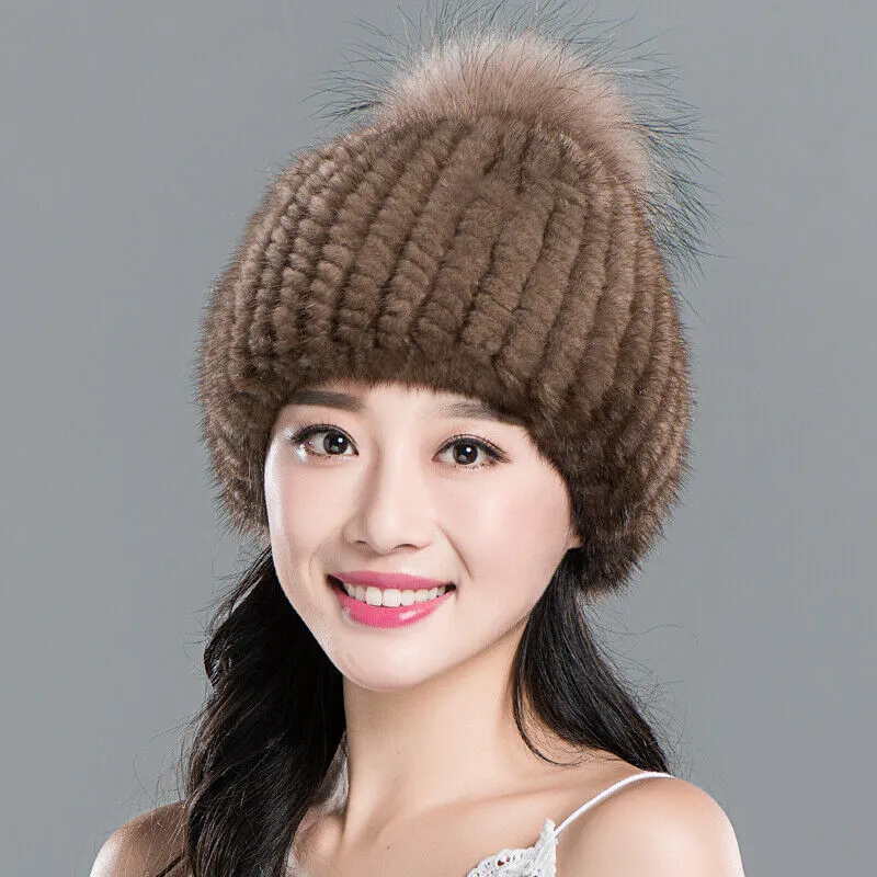 100% import mink p￤ls hatt med r￤v p￤ls boll beanie cap vinter varmt h￶g elastik