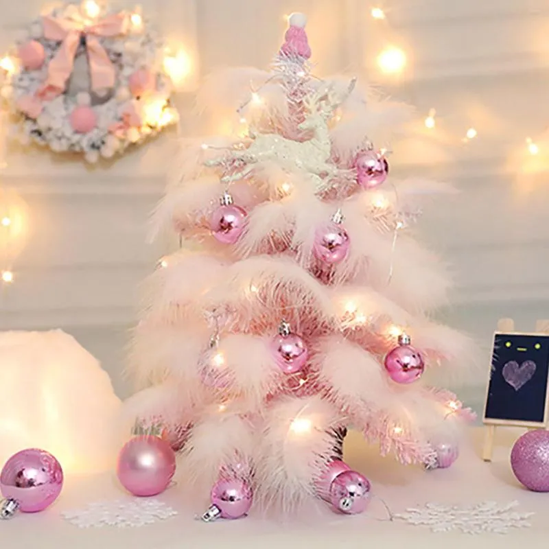 Decorazioni natalizie Albero di piume con decorazione a sfera lucida Cervo glitterato Mini stringa di luci Vestire la festa Navidad