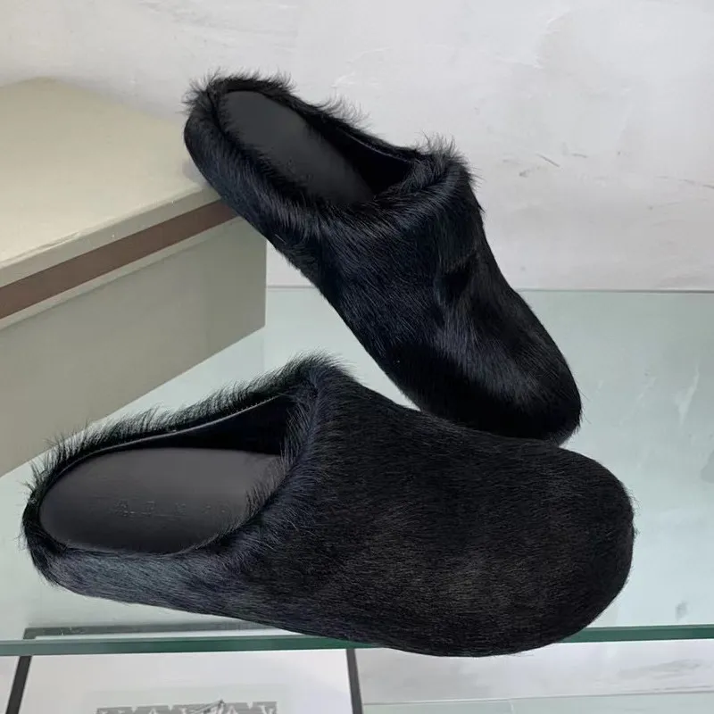 Horse Fur Slippers Women Luxury Brand Designer Shoes Round Toe Ladies Slides Horsehair Top Quality Outdoor Factory Footwear Plus Size 44 Men Slipper