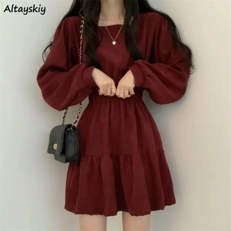 Рабочие платья женские с длинным рукавом сплошной цвет квадратный воротник Aline Sweet винтажный дизайн с высокой талией мини-длина мягкий шик корейский элегантный 220902