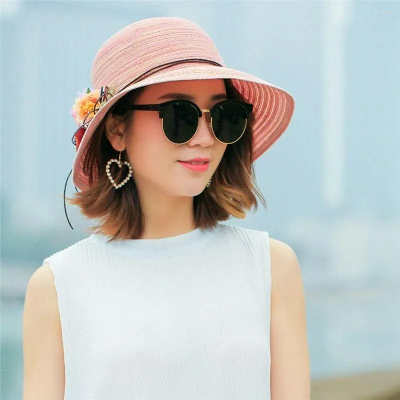 Wide Brim Hats Summer Women Beach Hat Foldable Sun Portable Straw Cap Visors Bowknot Flower Casual Travel