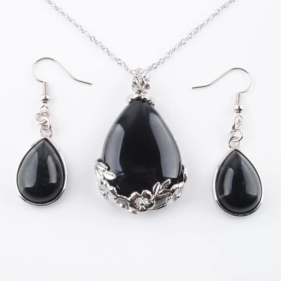 Pendentif pendule naturel ensemble de bijoux de fête de mariée pour femmes goutte d'eau pierres précieuses d'agate noire balancent boucles d'oreilles colliers Q3075