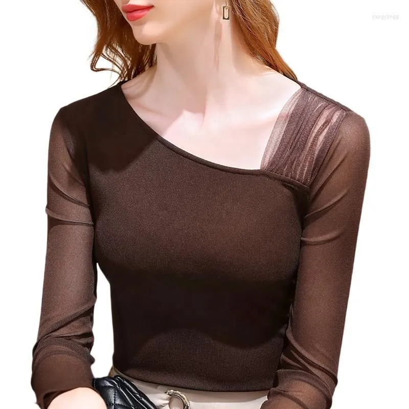 Women's T Shirts Brown Mesh Bottoming Shirt Women's Autumn And Winter Long-sleeved T-shirt Oblique V-neck Chic Top Women Sexy Tops