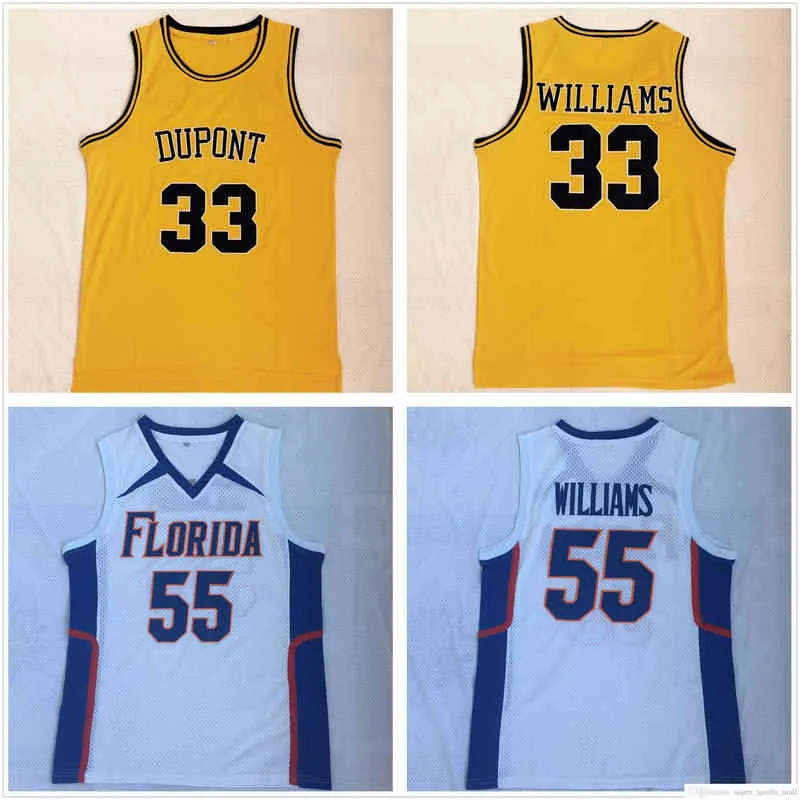 College-Basketball trägt genähte NCAA-College-Basketball-Trikots für Herren, weiße Schokolade, Jason 55 Williams-Trikot, DuPont High School, gelbe 33-Shirts, S-2XL