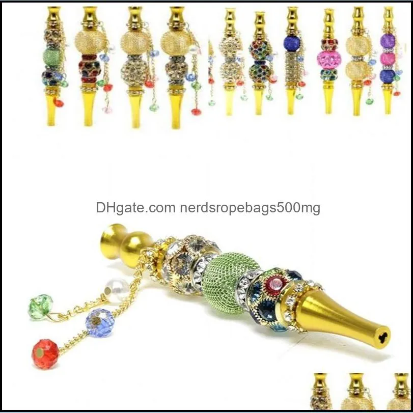 Smoking Pipes Metal Straight Hookah Shisha Inlay Beads Rhinestone Pendant Cigarette Holder Mti Color Nozzle Plated Gold Smoking Pipes Dhlhz