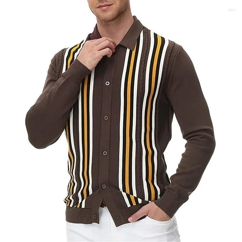 Polo da uomo Uomo d'affari da uomo Polo in maglia vintage T-shirt monopetto Cardigan Magliette sottili Top Camicia a maniche lunghe in seta di ghiaccio