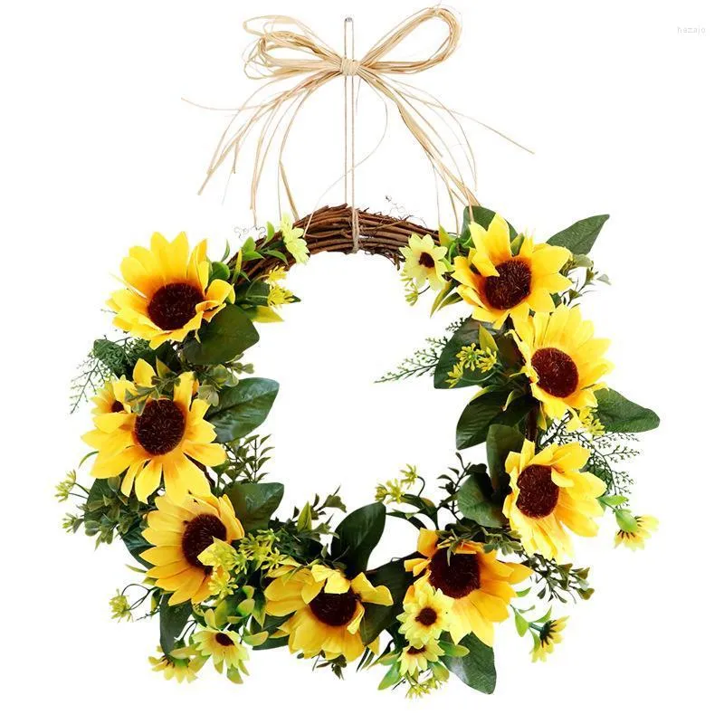 Couronne de tournesol artificielle 35cm, fausses fleurs décoratives avec feuilles jaunes et vertes pour porte d'entrée et mariage