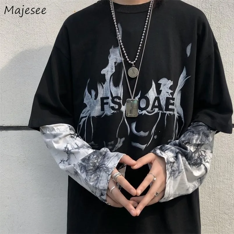 Herren T-Shirts Männer Langarm T-Shirts O-Ausschnitt Fake 2 Stück Tie-Dye Lose Große Größe 2XL Streetwear Hip Hop All-Match Paar Tägliche Studenten 220902