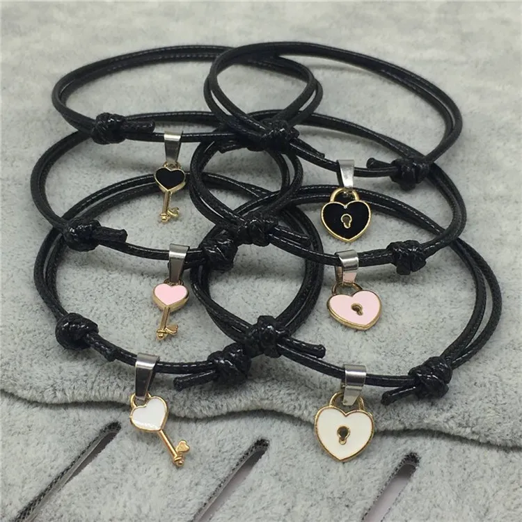 Paar trendy armband voor vriendslot sleutel ontwerp zwarte kleur touw armband groothandel sieraden 's set