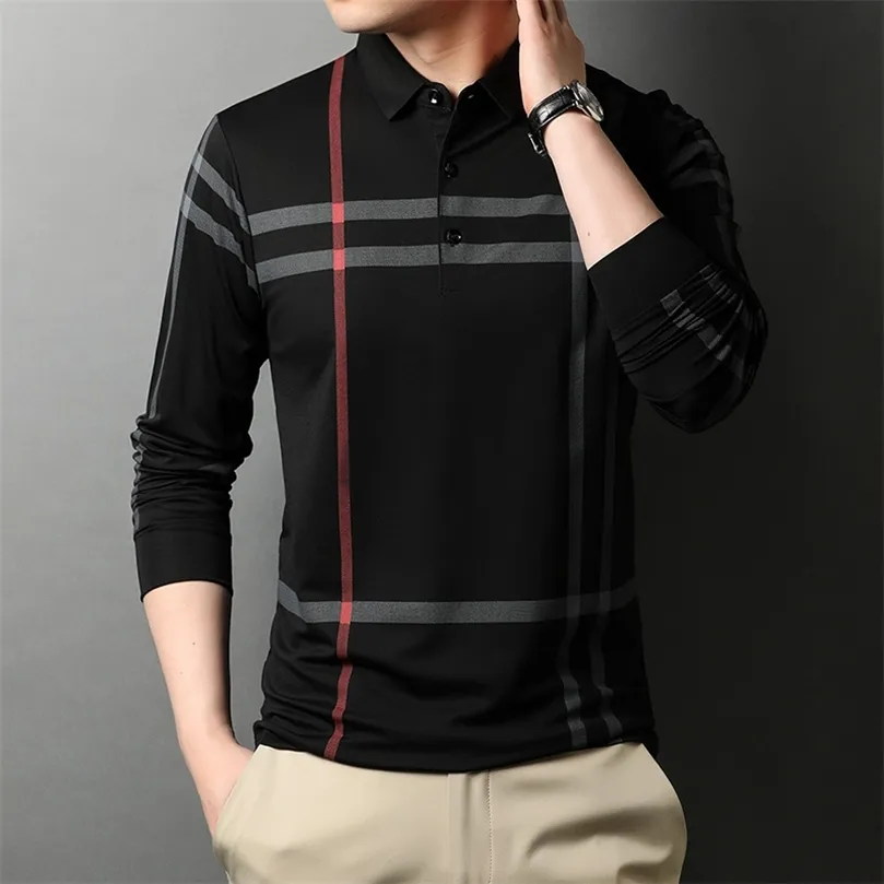 Polos para hombres Diseñador de gama alta Marca de moda Polo Camisa Hombres Negro Rayado Coreano Top Calidad Casual Manga larga Tops Hombres Ropa 220902