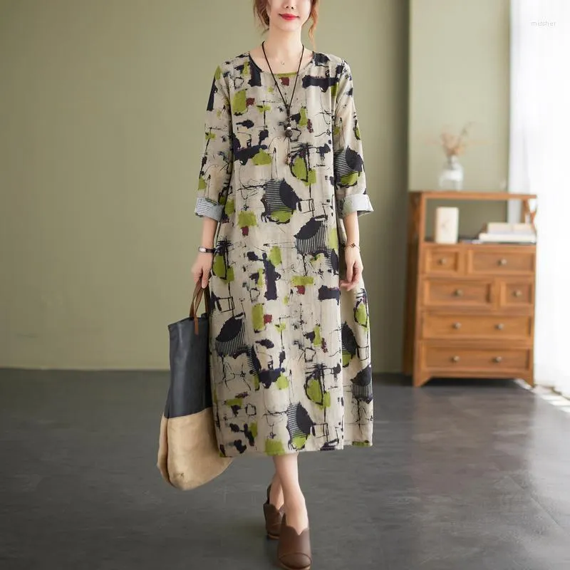 Sıradan Elbiseler 2022 Varış Baskı Çiçek Uzun Kollu Sonbahar Elbise Pamuk Keten Ofis Leydi İş Kadınlar Bahar Midi