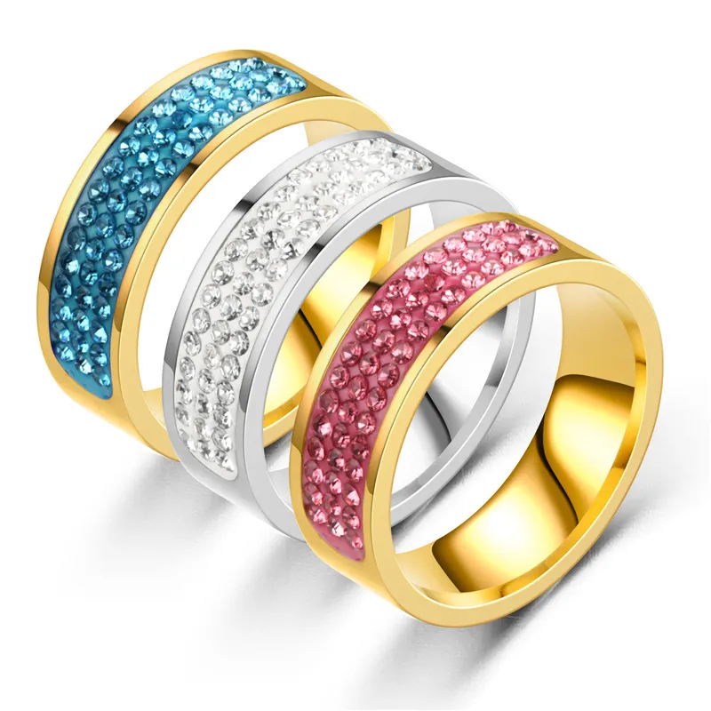 Bague en acier inoxydable doré à trois rangées de cristal, bague en diamant délicat pour hommes et femmes, bijoux Anti-allergiques à la mode