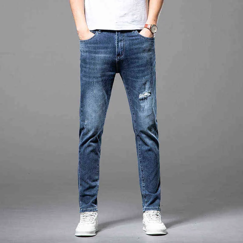 Jeans blu da uomo Fashion Brand Summer Slim Fit Little Feet Pantaloni casual lavati elastici giovanili ZichaoQH73