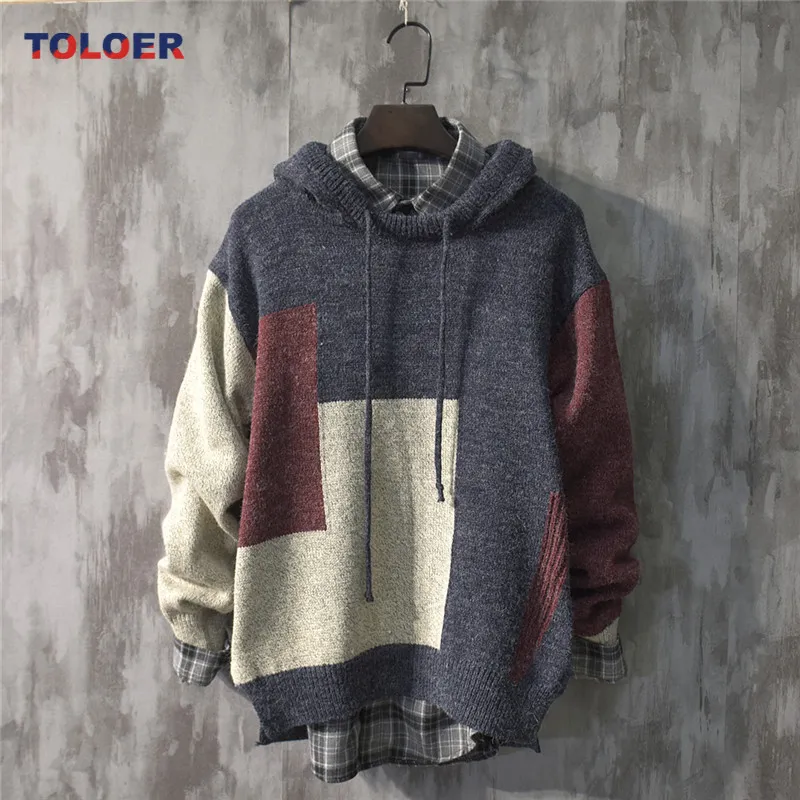 Coletes masculinos moda emendada cor malha hoodies suéteres masculino solto pulôver quente manga longa outono inverno 220902